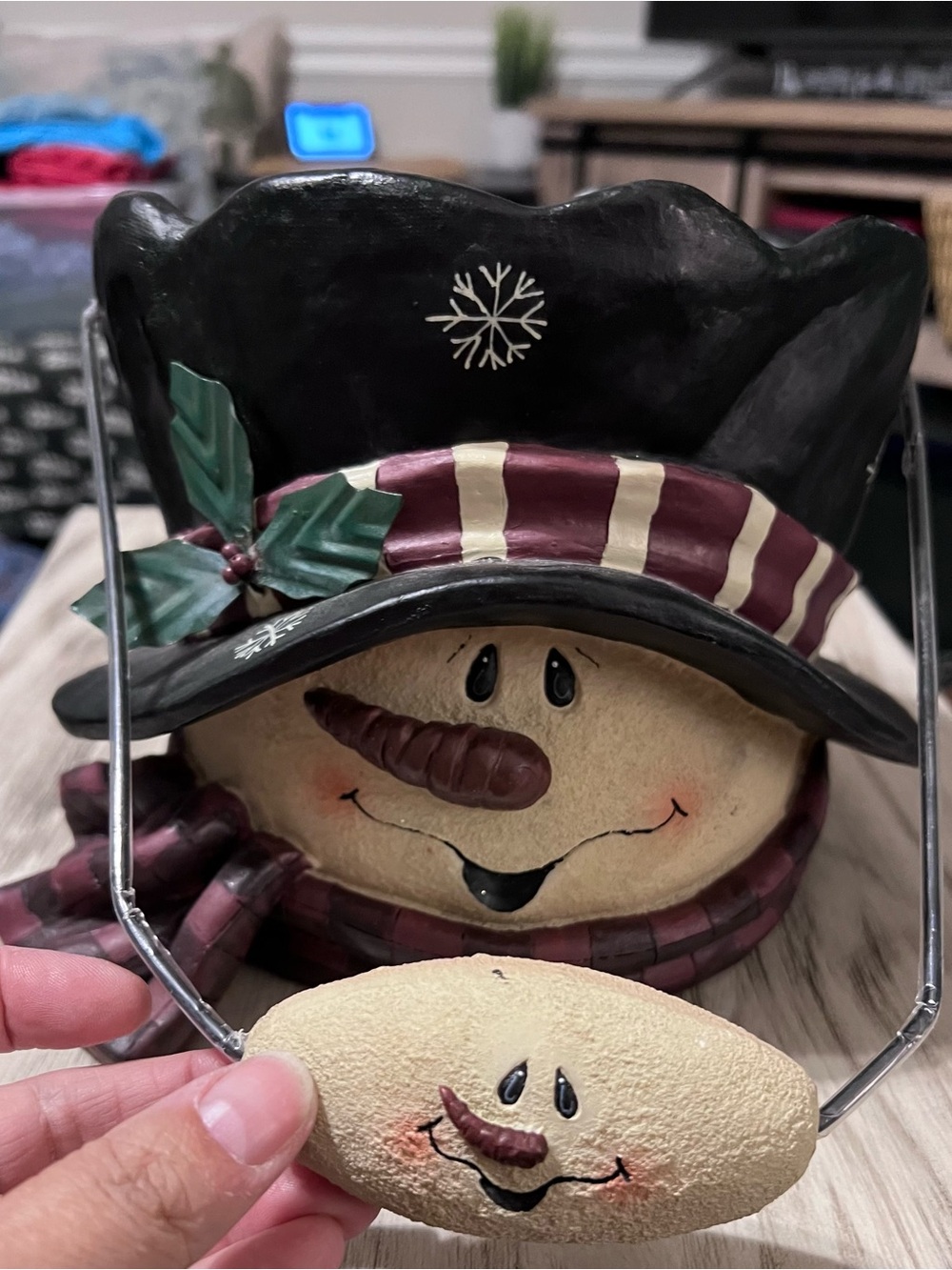 Crazy Mountain Woodworks Snowman Hat Ceramic Basket Christmas Candy Bucket Holid